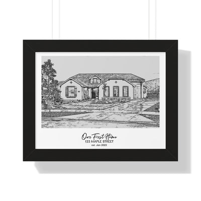 Framed Custom Home Portrait - Sketch Effect