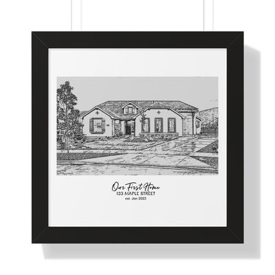 Framed Custom Home Portrait - Sketch Effect