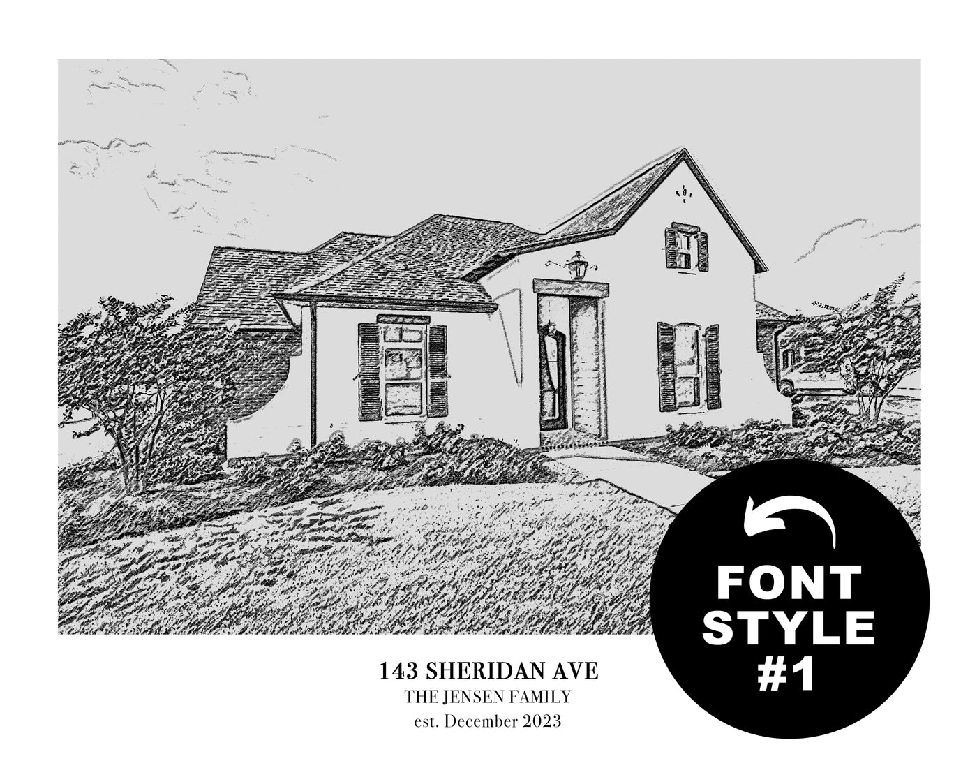 Framed Custom Home Portrait - Sketch Effect