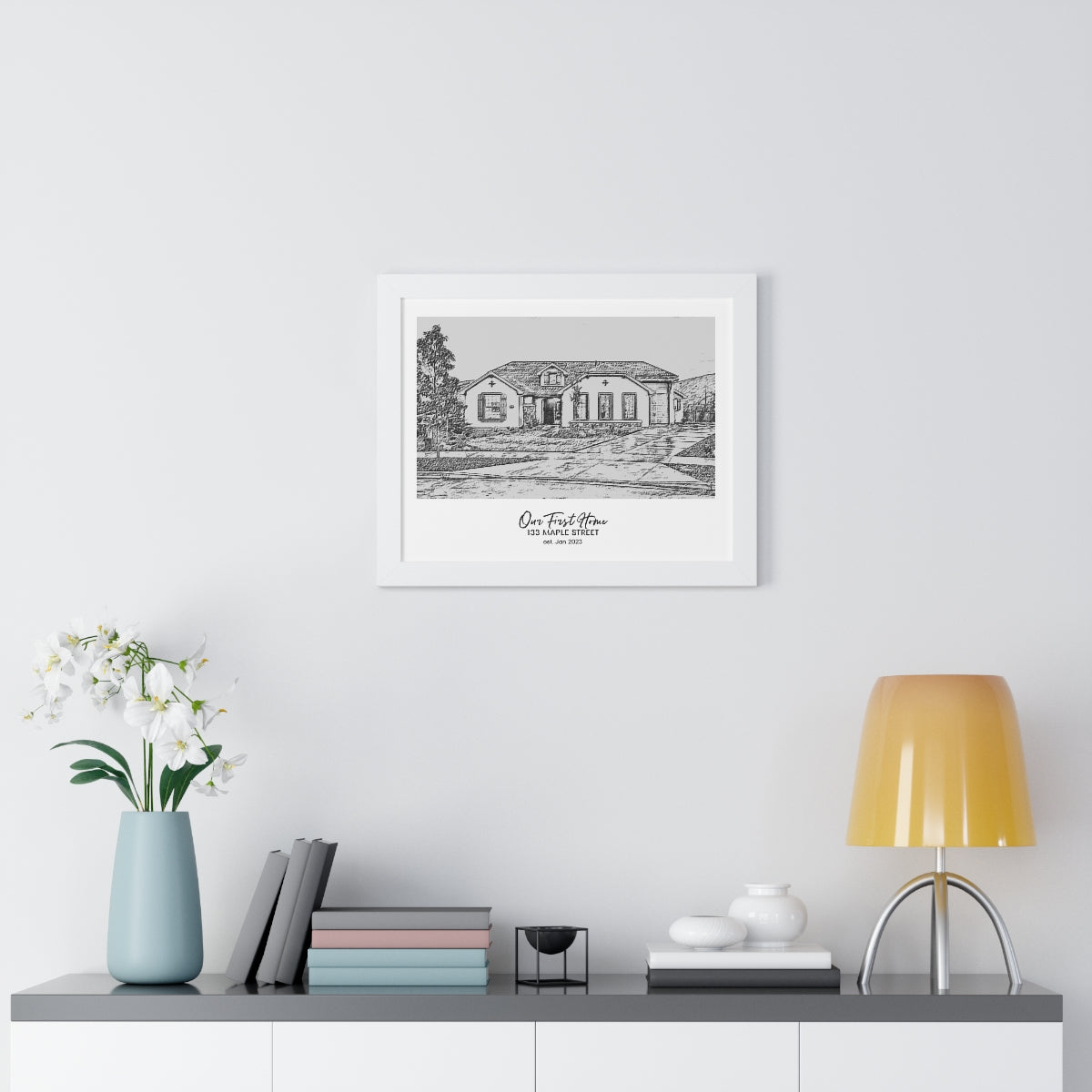 Framed Custom Home Portrait - Sketch Effect