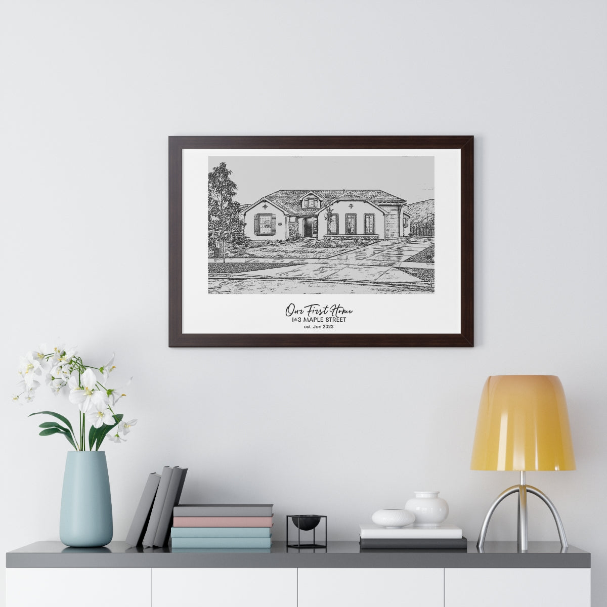 Framed Custom Home Portrait - Sketch Effect