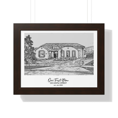 Framed Custom Home Portrait - Sketch Effect