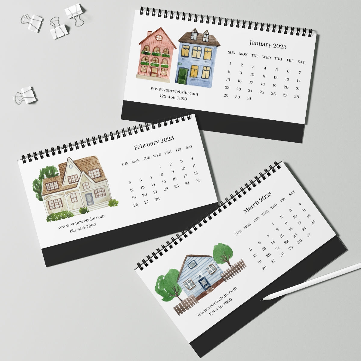 Custom Desk Calendar - Watercolor Houses